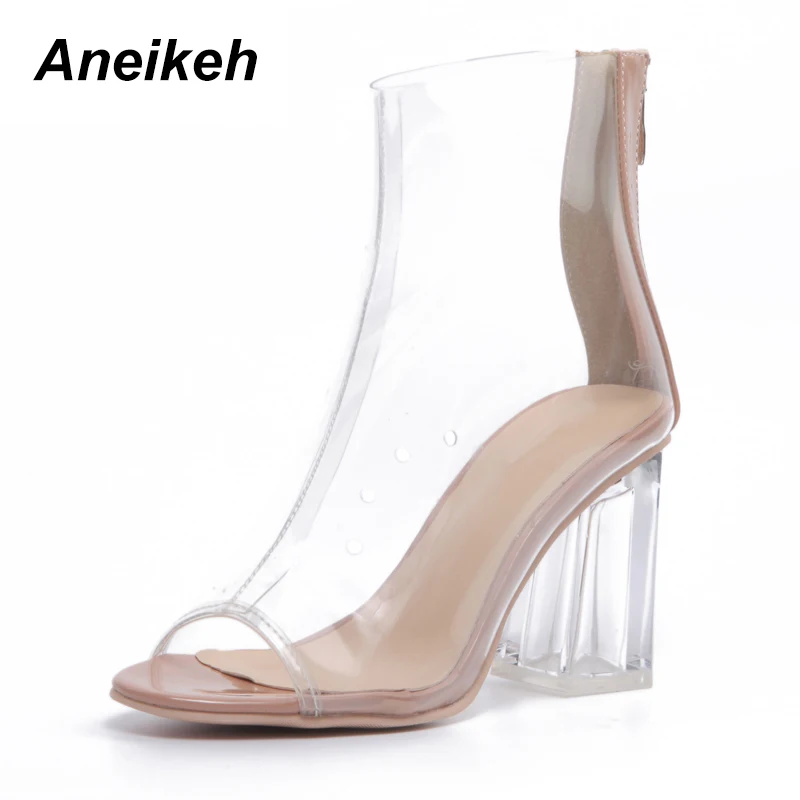 

Aneikeh 2019 Concise PVC Women Ankle Boots Transparent Square High Heels Shoes Peep Toe Zipper Sexy Sandals Boots Black Apricot