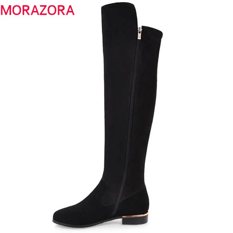 

MORAZORA 2020 new arrival round toe cow suede leather ladies boots zipper solid color prom shoes square heel knee high boots