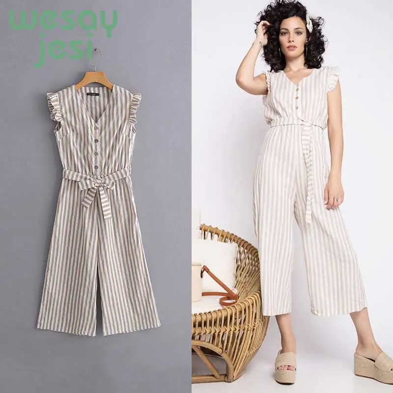 

2019 Autumn Elegant Women Striped Jumpsuits OL Work Wide Leg Pants Casual Loose Deep V-neck Sleeveless Loose Rompers