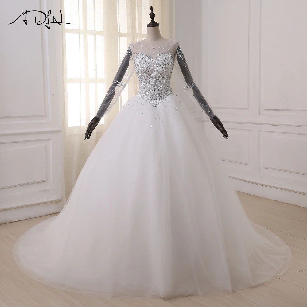

ADLN Ball Gown Wedding Dresses Long Sleeve Arabic Wedding Gowns Pearls Crystals Sweep Train Bride Dresss Vestido De Noiva