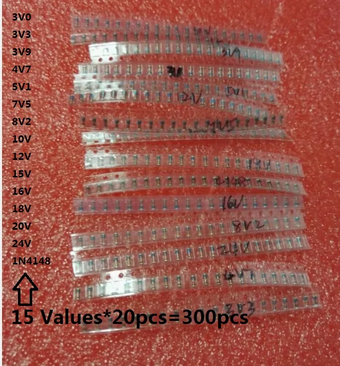 15 значений * 20 шт. = 300 3 В ~ 24 LL34 SMD Zener пакет диодов 1/2 Вт 1N4148 Комплект 0 5 3V3 3V9 4V7 5V1 7V5 8V2 10