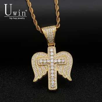 

UWIN Wings Cross Pendant Religious AAA CZ Bling Iced Out Micro Paved Money Bag Necklace Tennis Chains Men's Hiphop Jewelry