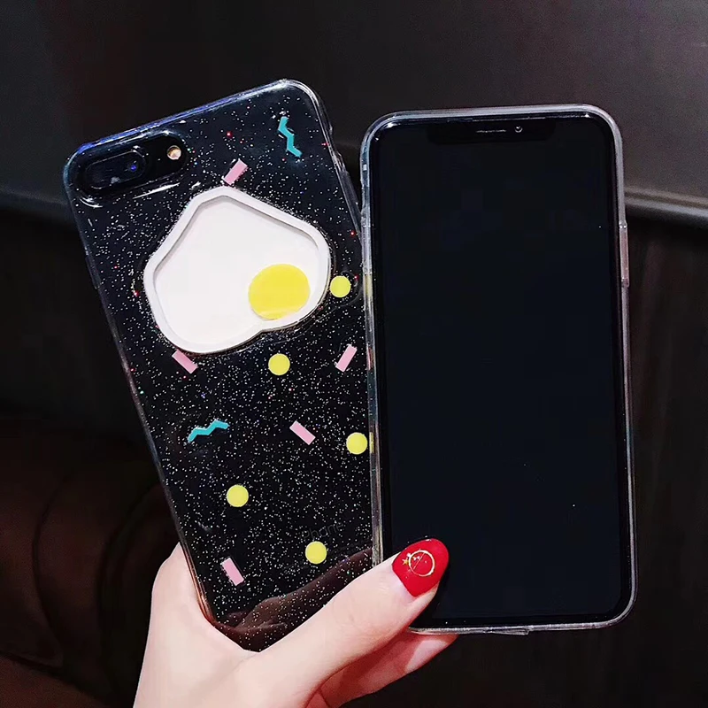 Hot selling Funny Cartoon poached egg Case For iPhone 7 Case For Apple iphone X 6S 6 7 8 Plus Soft  TPU Clear Glitter Phone Case (4)