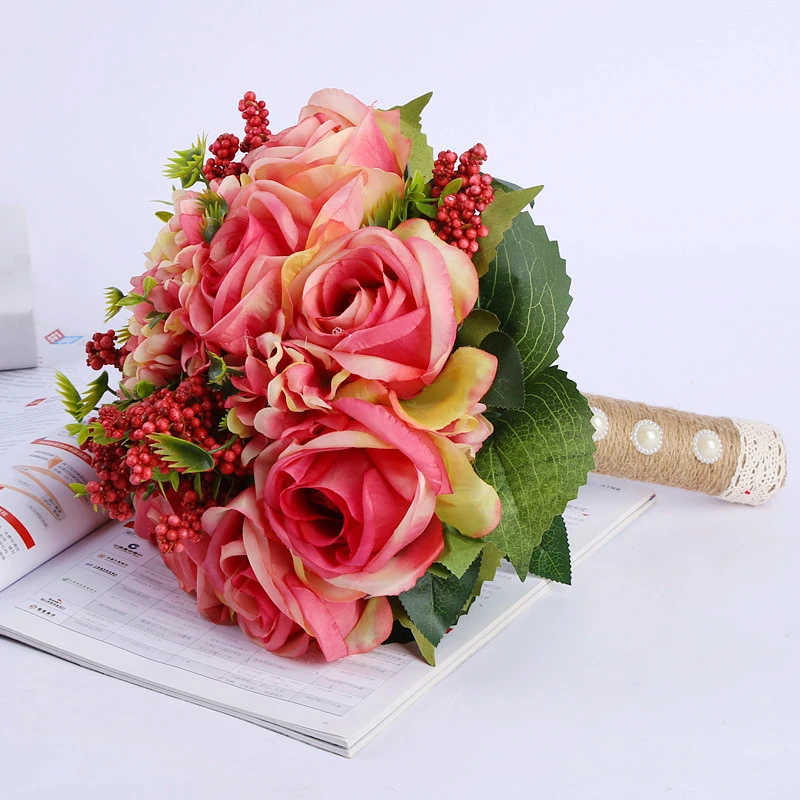 JAROWN Simulation Rose Wedding Bride Holding Flowers European Style Artificial High Quality Silk Fake Bouquets Home Decor Flores (6)