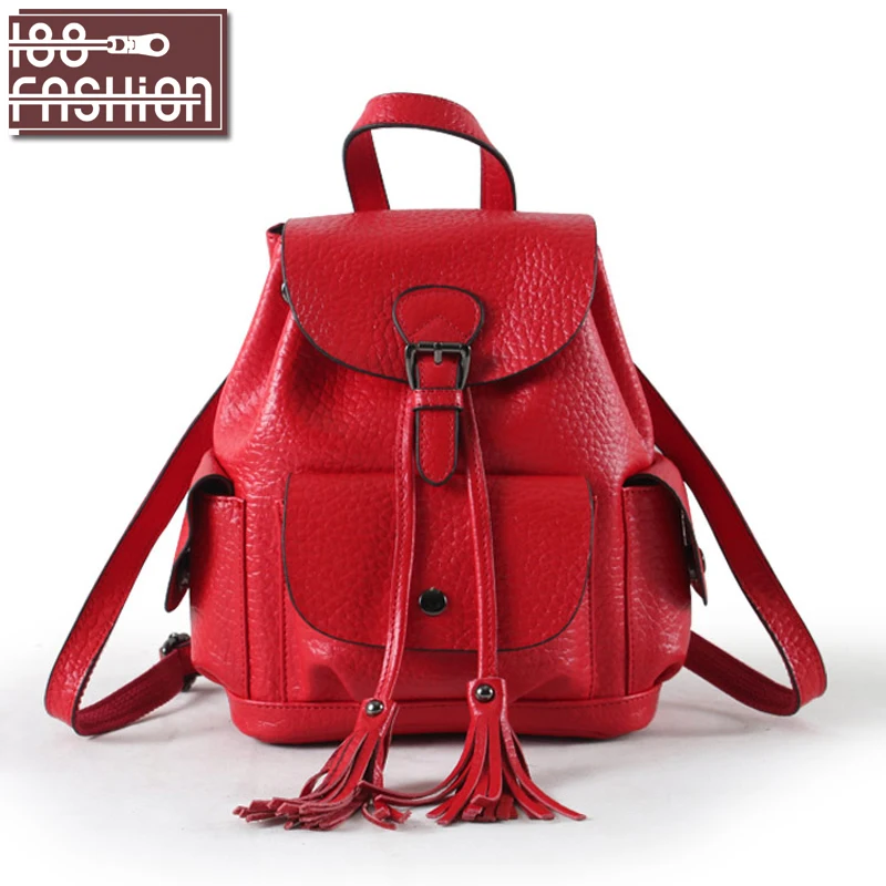 2016 Women Leather Backpack Genuine Leather Vintage Tassel Fashion Backpack for Girls Preppy Style School Backpack mochila