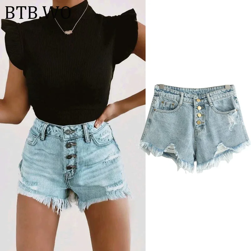 

Women Denim Shorts Summer 2019 Vintage Denim Girl Mid Rise Jean Shorts for Frayed Raw Hem Ripped Denim Jean Shorts