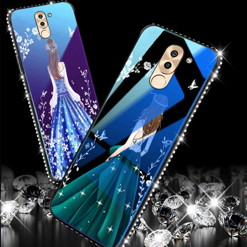 

SemgCeKen Diamond glitter bling glass case for huawei honor 6X 6 X honor6x luxury original 3d girl flower phone back cover coque