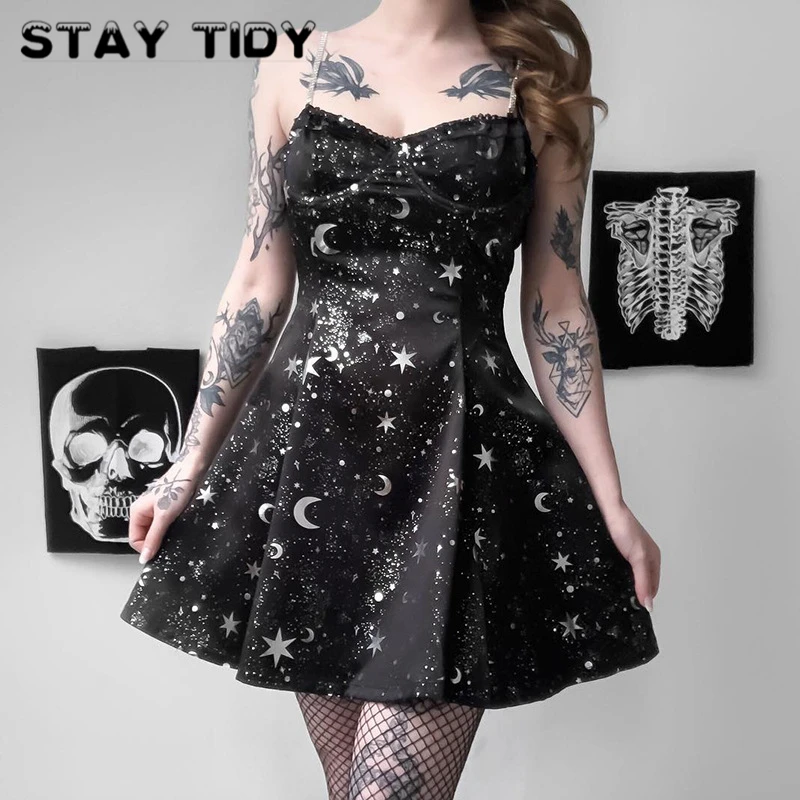 

STAY TIDY Sexy Gothic Constellation Print Mini Dress 2019 Summer Women Spaghetti Straps Slash Neck Backless Dresses Streetwear