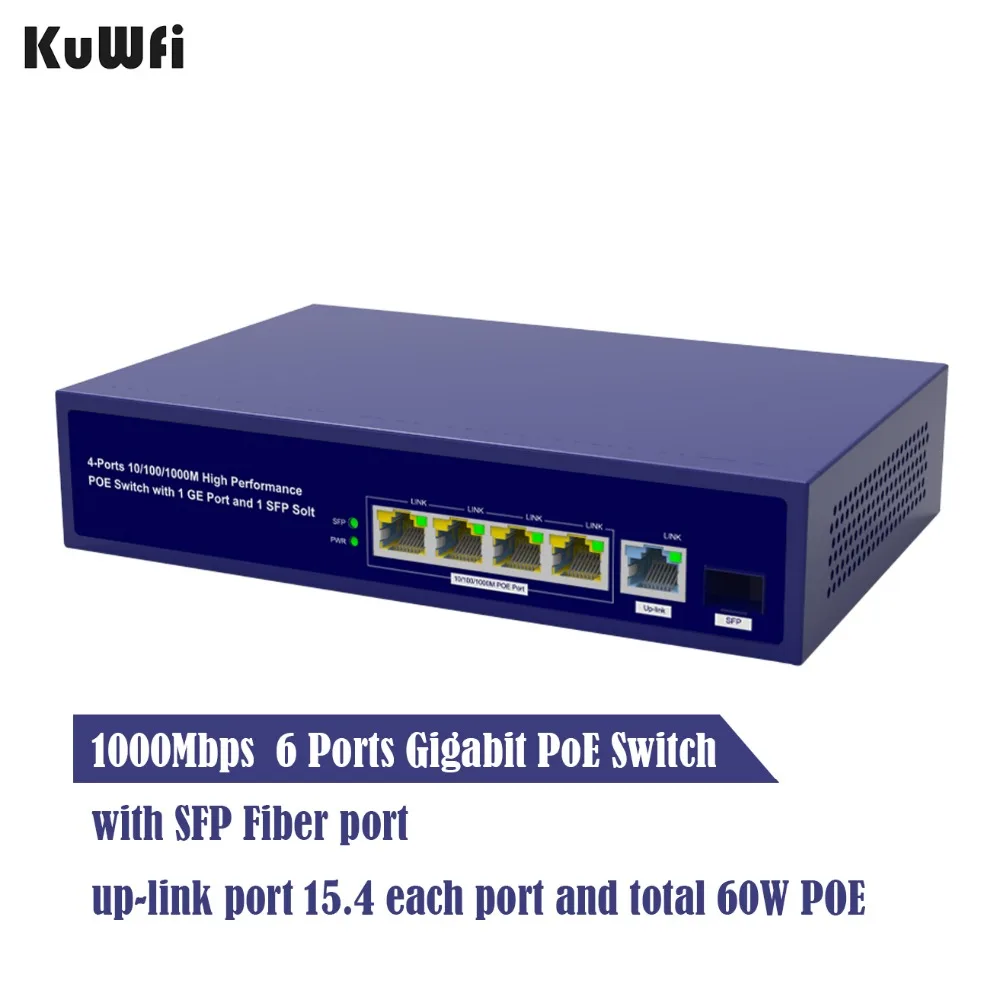 6 Порты коммутатор gigabit PoE 1000 Мбит/с Ethernet коммутаторы для сетевые камеры и беспроводной AP 30 Вт коммутатор с гигабитный SFP волокно