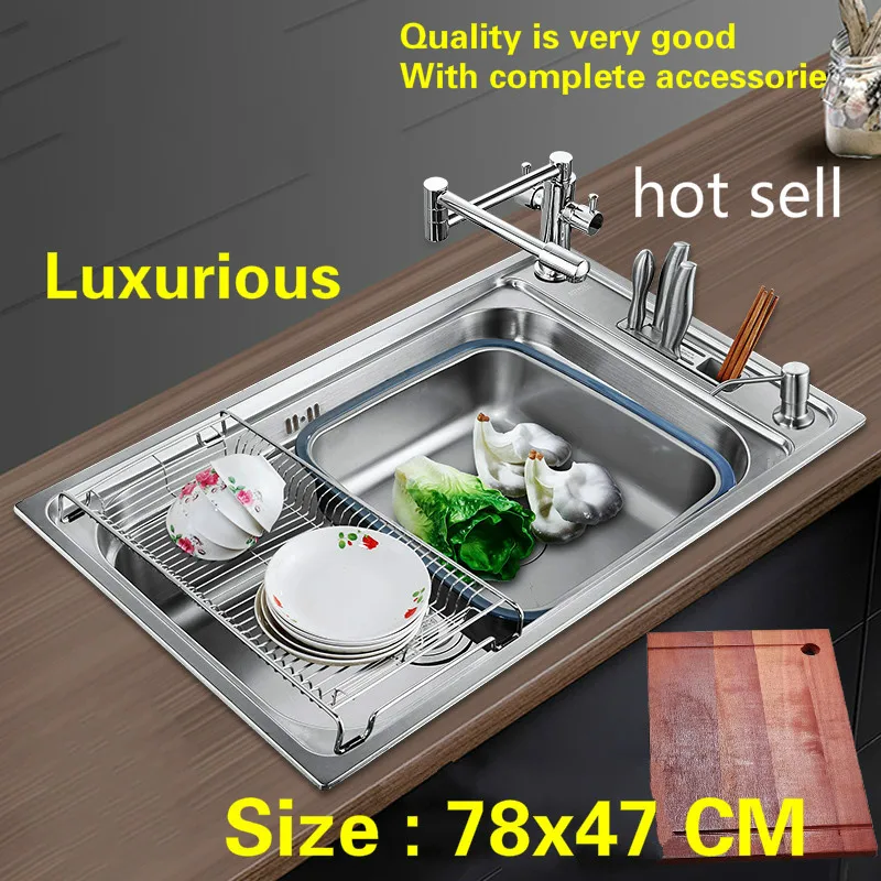 

Free shipping Household luxury kitchen single trough sink do the dishes 304 stainless steel big hot sell 78x47 CM