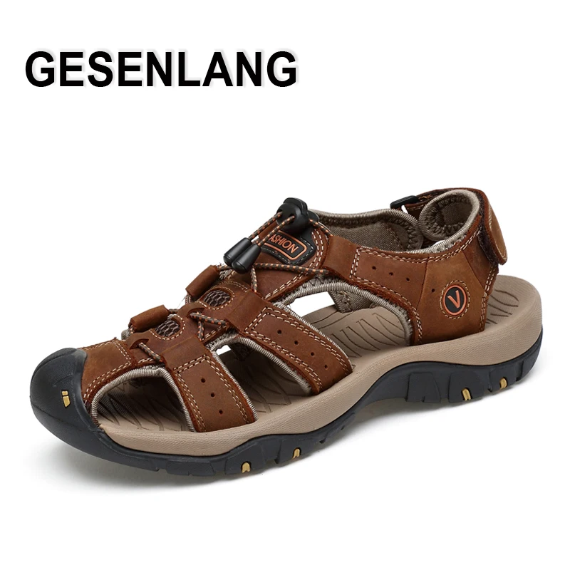 

Men's Big Size Genuine Leather Sandals Closed Toe Walking Male Shoes Breathable Outdoor Hiking Fishing Beach Fisherman Shoes New