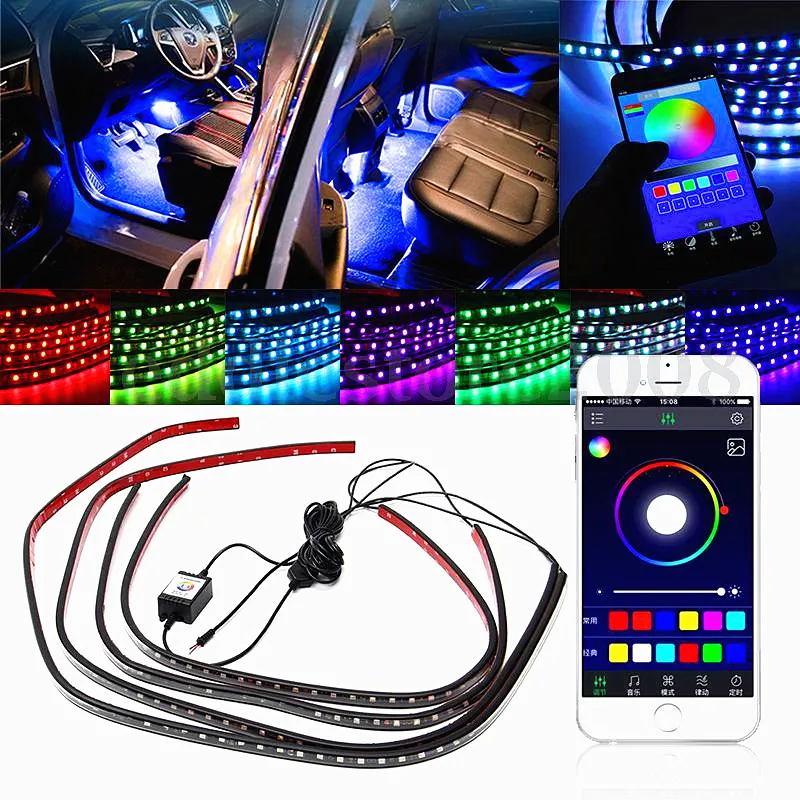 4x RGB LED Car Lights Decorative Lamp Tube Strip Light Underglow
