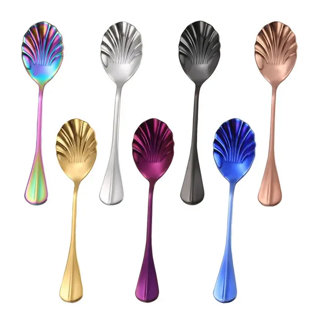 Special Offers Stainless Steel Shell Shape Spoon Espresso Tea Coffee Stirring Mixing Serving Spoon Ice Cream Dessert Scoop Kitchen Accessories