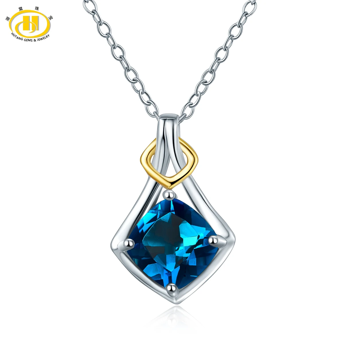 

Hutang 1.67ct Genuine London Blue topaz Pendant 925 Sterling Silver Two-tone Gemstone Necklace Women Fine jewelry 2017