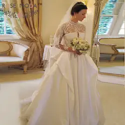 Роза Moda старинные c высоким горлом длинные кружевные рукава линия Свадебное платье 2019 спинки принцесса свадебное платье с рукавами