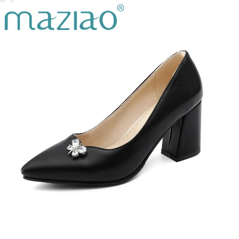 

MAZIAO 2019 Thick High Heels Shoes Women Pumps Yellow Crystal Party Shoes Spring Slip On Pointed Toe Ladies Shoes Big Size 32-46