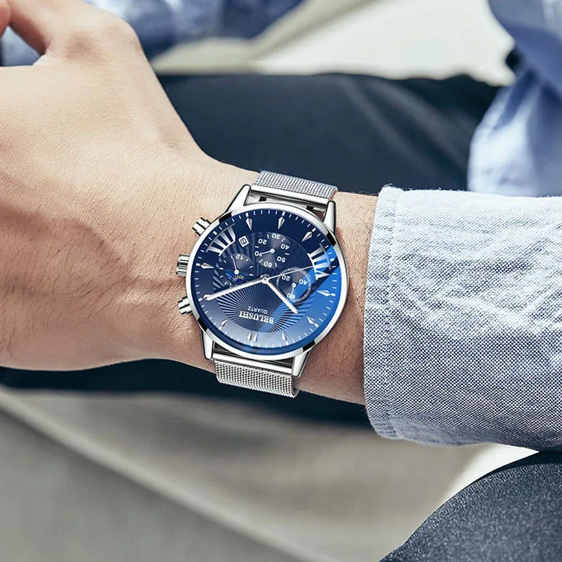 BELUSHI Модные мужские наручные часы лучший бренд класса люкс сталь водонепроницаемый хронограф кварцевые часы мужские стильные ретро-часы Relojes