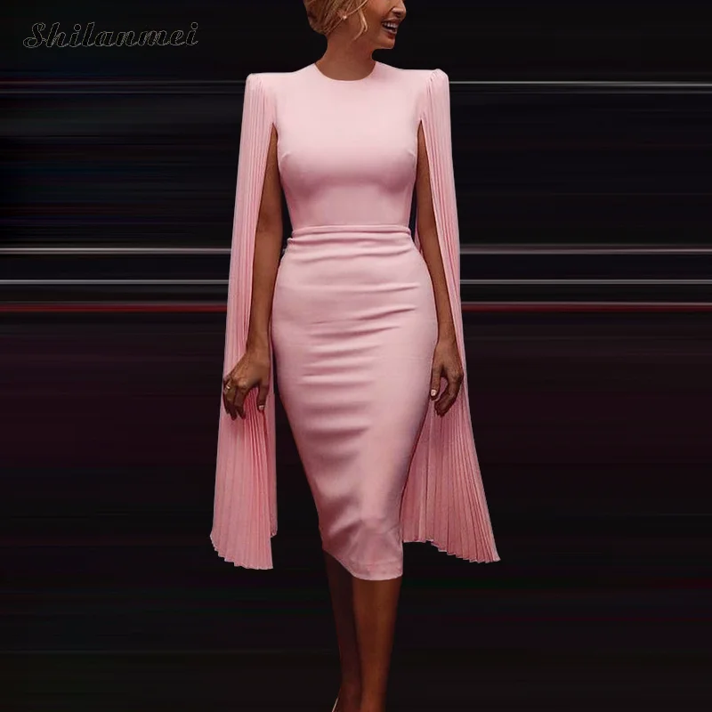 Najtaniej Elegancka peleryna sukienka z długim rękawem kobiety slim solidna sexy bodycon sukienka kobiet 2019 urząd lady odzież robocza w stylu vintage pakiet hip sukienki na imprezę