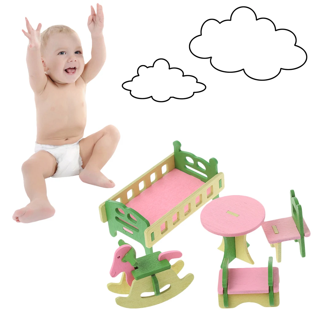 Kid Wooden Furniture Dolls House Miniature Bath Bed Living Room Children Toy GiftRamadan Festival GiftRamadan Festival Gift