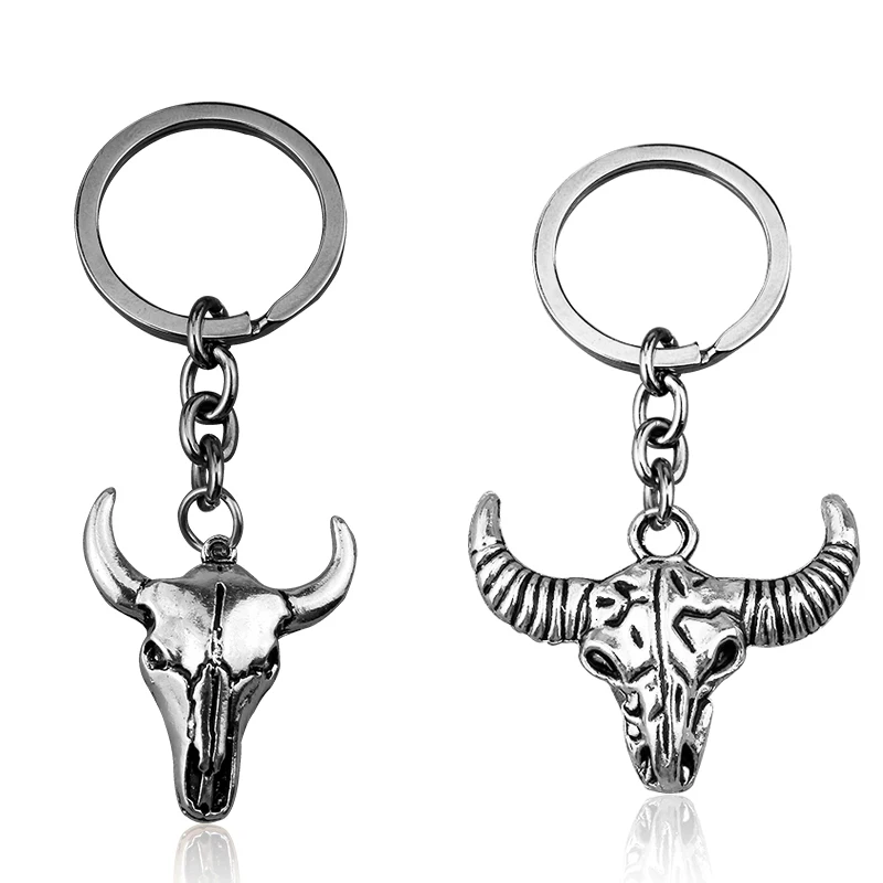 

New Arrival Cartoon Game African Tribe Style Skull Head Bull keychain For Man Boy Gothic Men's Cow Jewellery