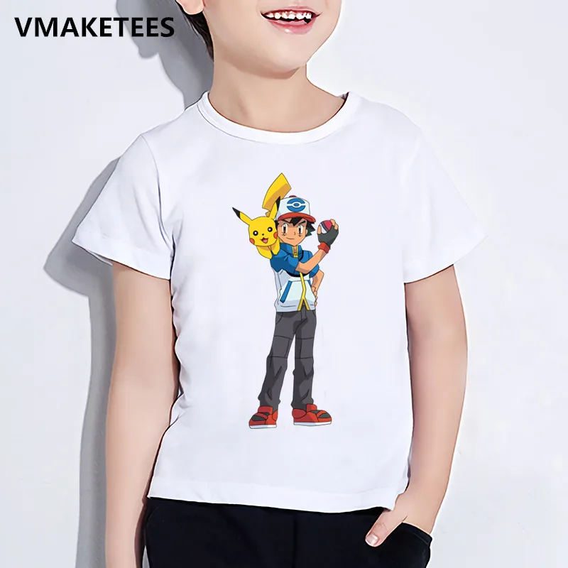 Детская летняя футболка с короткими рукавами для мальчиков и девочек детская футболка с принтом из мультфильма «пепел и Пикачу» забавная одежда для малышей «Покемон го» HKP2171 - Цвет: HKP2171H