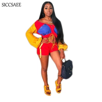 

Contrast Color Patchwork Two Piece Set Woen Bike Shorts Matching Sets Gothic Activewear Cardigan Streetwear Ruched Designer 2018