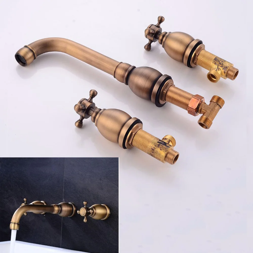 

New Style Wall Mounted Dual Handle Three Holes Antique/Black Faucet Hot and Cold Mixer Tap High quality Faucet TL071