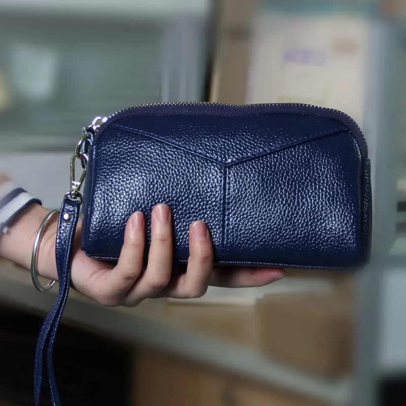 Роскошный длинный женский кошелек из натуральной кожи на молнии, мягкий клатч, сумочка, дамская модная сумочка для монет, Сумка с ремешками, большая ВМЕСТИТЕЛЬНОСТЬ - Цвет: Blue