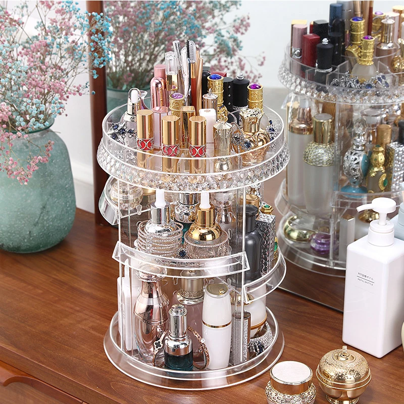 Round Rotating  Makeup Organizer Storage Box Adjustable Plastic Cosmetic Brushes Lipstick Holder Make Up Jewelry Container Stand