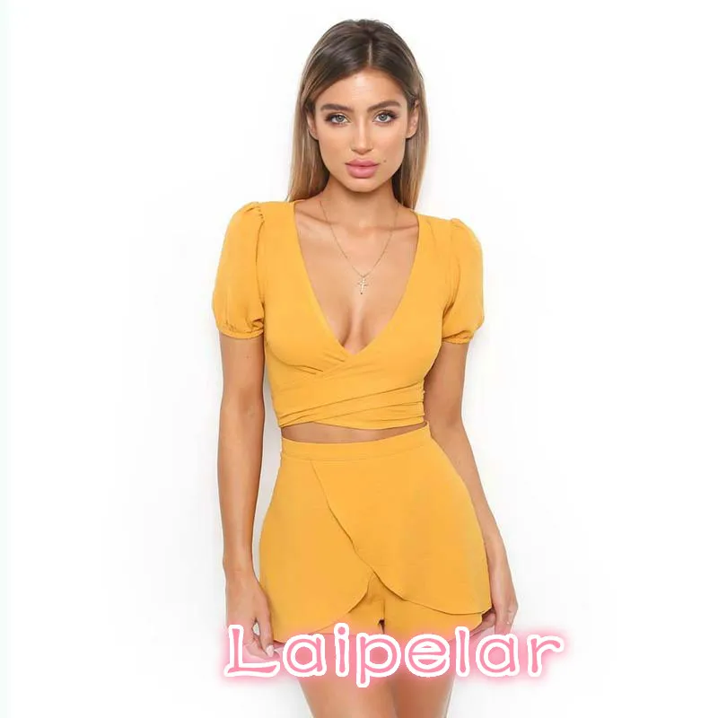 Short Sleeve V Neck Two Pieces Set Women Playsuits Sexy Casual Romper Yellow Jumpsuit Laipelar