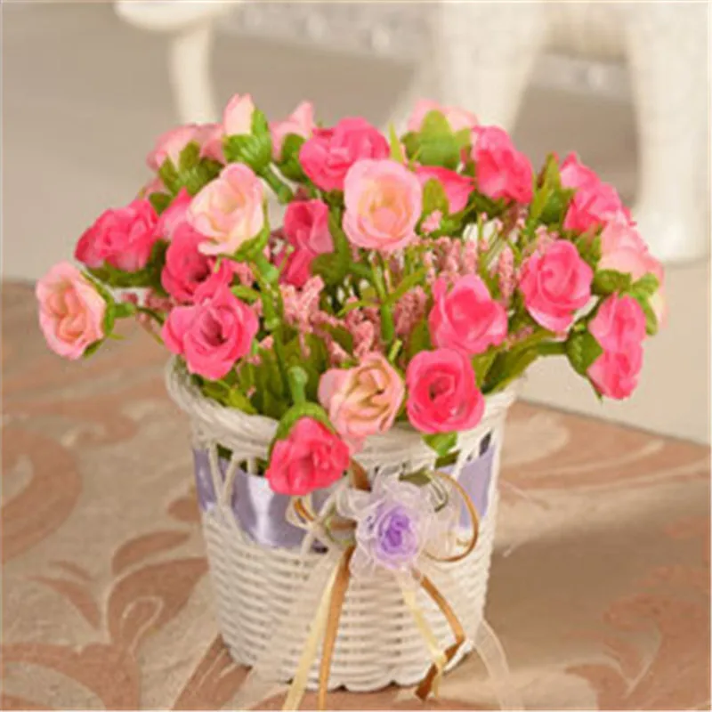 

Artificial Flower Rose Silk Flowers Bonsai White Rattan Flower Basket Flowerpot Home living room desktop Wedding Party Decor