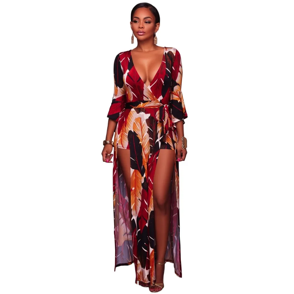 2018 Новые популярные женские перо print V-Neck jumpsuit