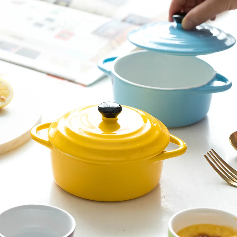 

Japanese Ceramic Baking Bowl with Cover and Two Ears Baking Rice Bowl Soup Bowl Oven Steamed Egg Cup Tableware Set Household