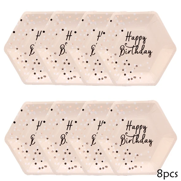 1 Набор розовых серий с днем рождения, одноразовые столовые приборы, позолоченные бумажные соломинки/салфетки/чашки/тарелки для детей, украшения на день рождения - Цвет: 8pcs plate
