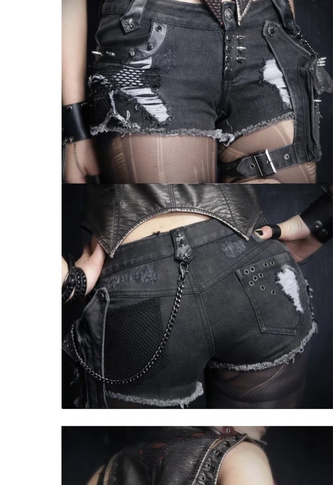 Панк РЕЙВ панк Рок промывают деним хлопок женские шорты для женщин с заклепками и регулируемый карман Visual Kei Heavy Metal цепочка на джинсы