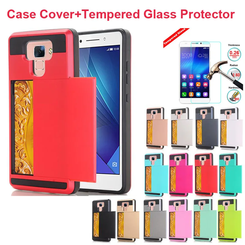 

Anti-Knock Tough Case Hard PC With Slide Card Holder Flexible Cover For Huawei Honor 6 Plus 7 Mate7 Free Screen Protector Film