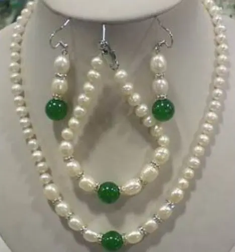 

FINE FASHION GREEN JADE WHITE PEARL EARRING & NECKLACE 7-8mm 18"7.5"^^^18K GP style Fine jewe Noble Natural jade FREE SHIPPING