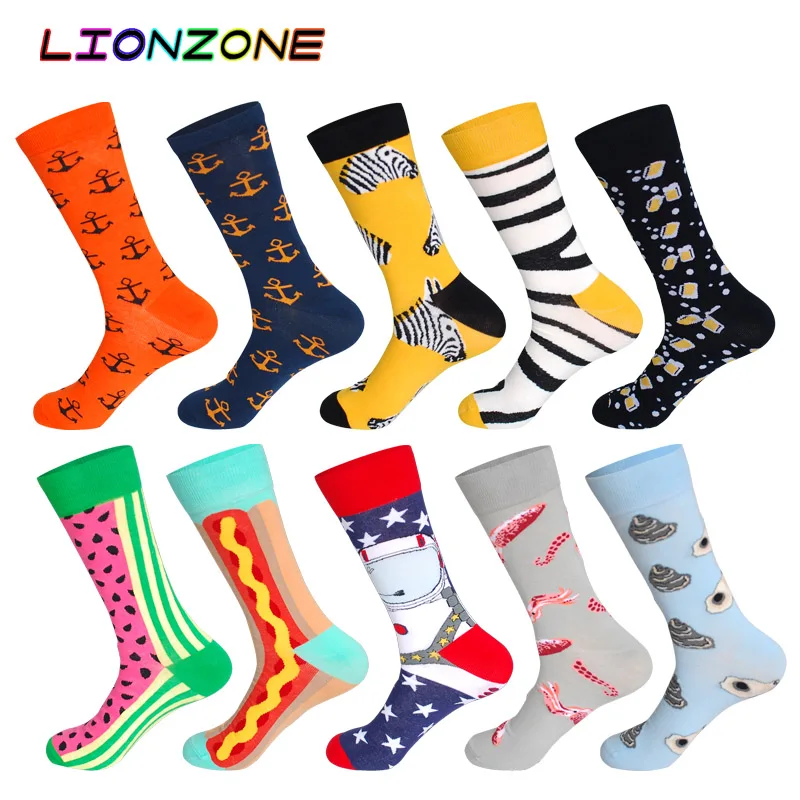LIONZONE 10 пар/лот дизайн высокого Качественный хлопок креативные красочные марки Повседневное Для мужчин длинные Веселые носки смешно