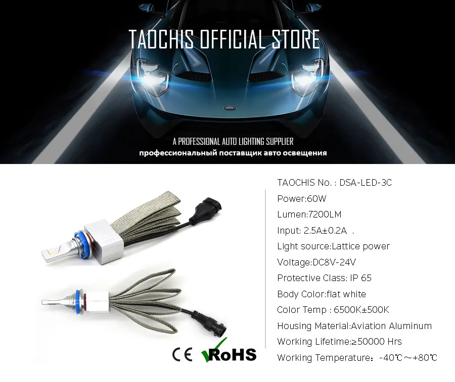 TAOCHIS 12V 60W 7200LM 3C фара 6500k H1 H3 H7 9012 880/881 H11 9005/9006 авто фары Противотуманные фары светодиодные автомобильные лампы