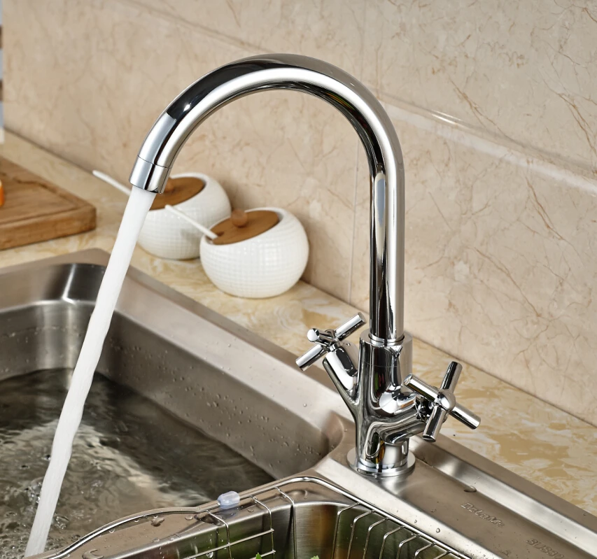 Solid Brass Chrome Kitchen Faucet Dual Cross Handles Vessel Sink Mixer Tap Swivel Spout Deck Mounted