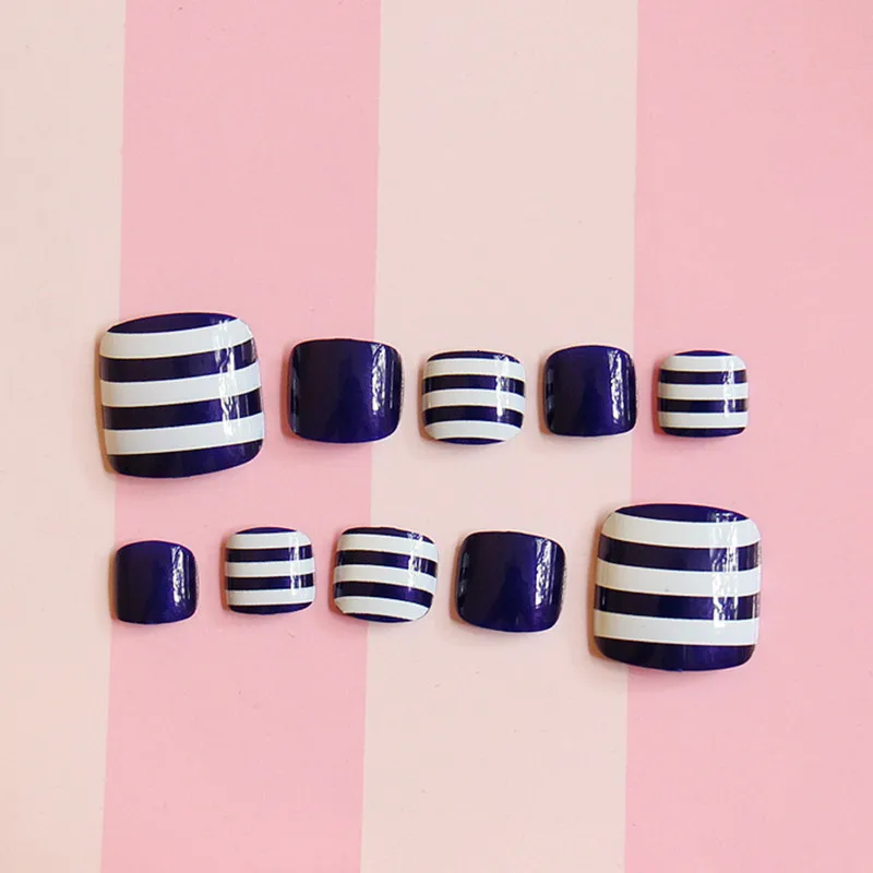 

24pcs Short Acrylic False Toe Nails With Designs Blue White Stripes Full Cover Toe Nail Tips Japanese Square Fake Toe Nails
