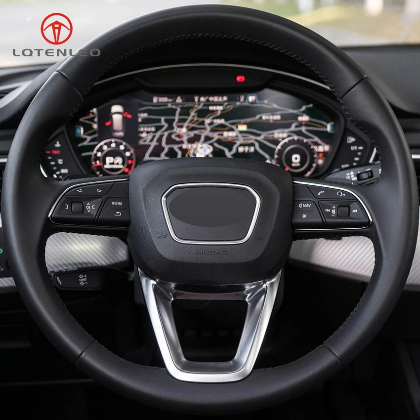 

LQTENLEO Black Genuine Leather DIY Hand-stitched Car Steering Wheel Cover for Audi A4 2017 2018 Q7 2016-2018