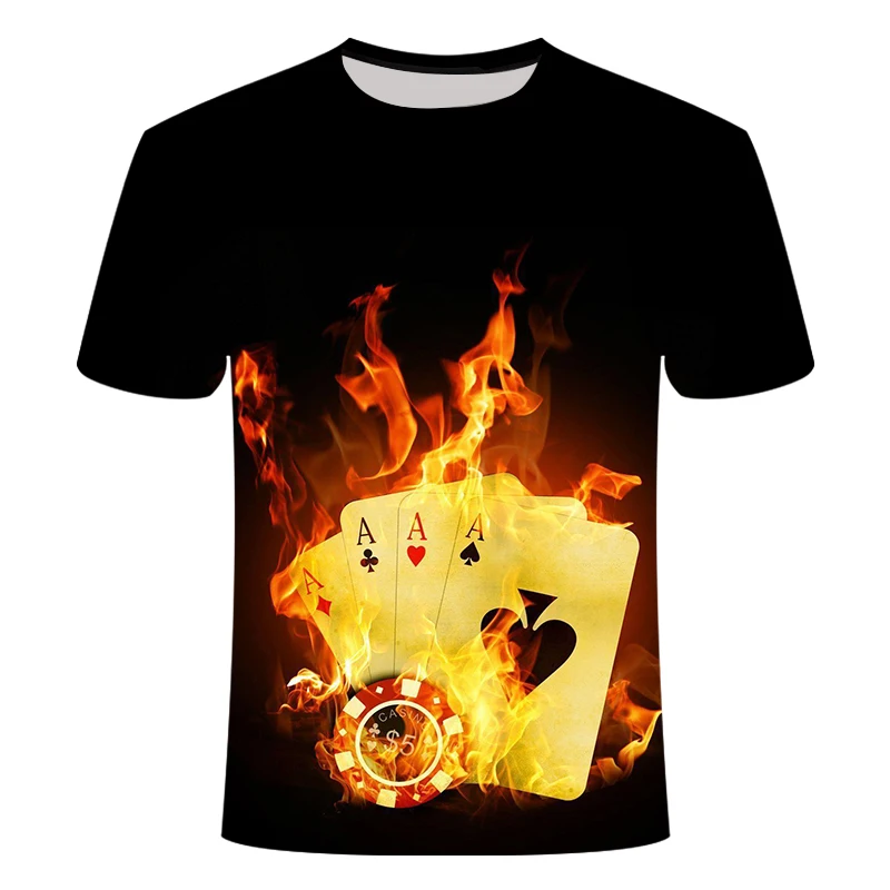 

2019 summer new Men's 3D t-shirt Macau Fengyun Poker Flame Print Black Short Sleeve T-Shirt funny t shirts Asian size shirt 6xl