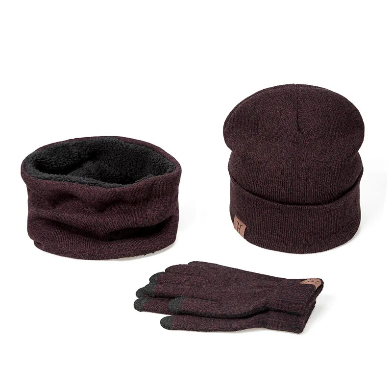 Coffee Модный комплект из 3 предметов, женская зимняя шапка и наборы перчаток, хлопок, унисекс, шапка, шарф, перчатки, набор, одноцветная шапка и шарф, набор для мужчин и женщин - Цвет: Coffee