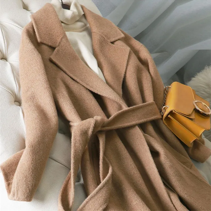 Шерстяное пальто Высокое качество кашемировое пальто однотонное женское длинное пальто зима осень куртка Верхняя одежда Модное теплое пальто с поясом - Цвет: CAMEL