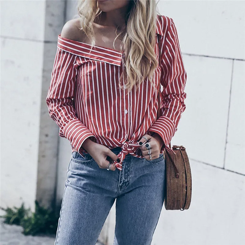 

Office Lady Women Blouse Clothes One Shoulder Long Sleeve Loose Blouse Casual Shirt Summer Striped Bandage Tops Shirts Blusa