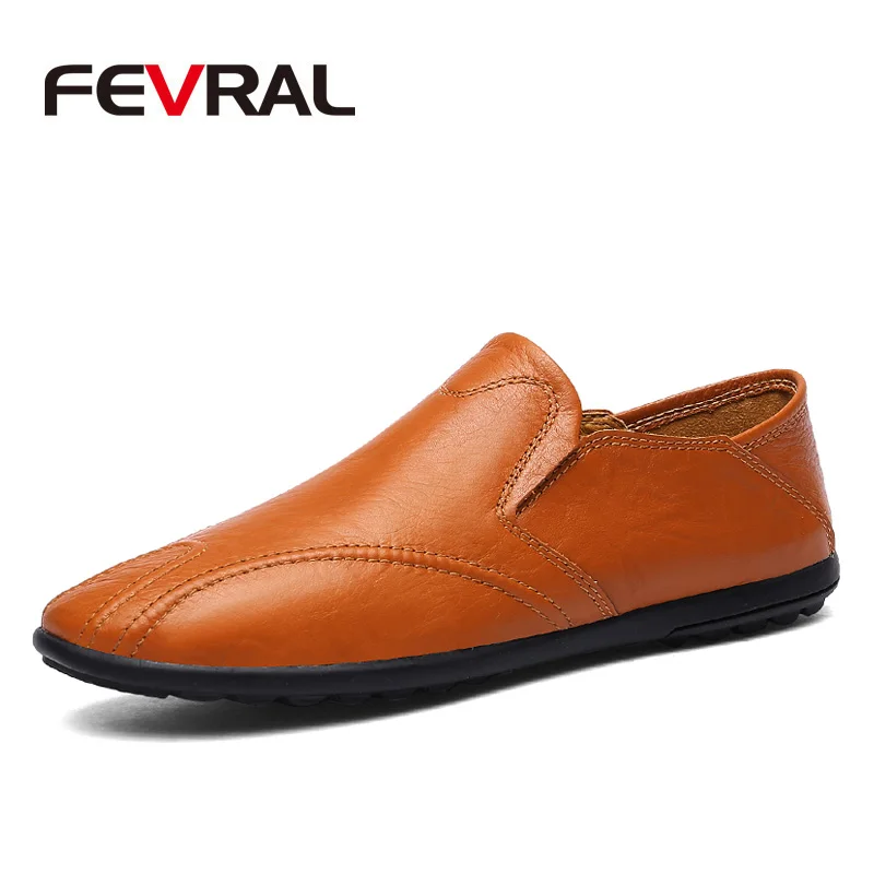 FEVRAL Genuine Leather Men Casual Shoes Luxury Brand Loafers Breathable Slip on Black Driving Shoes Moccasins Size 38~46 - Цвет: Red Brown