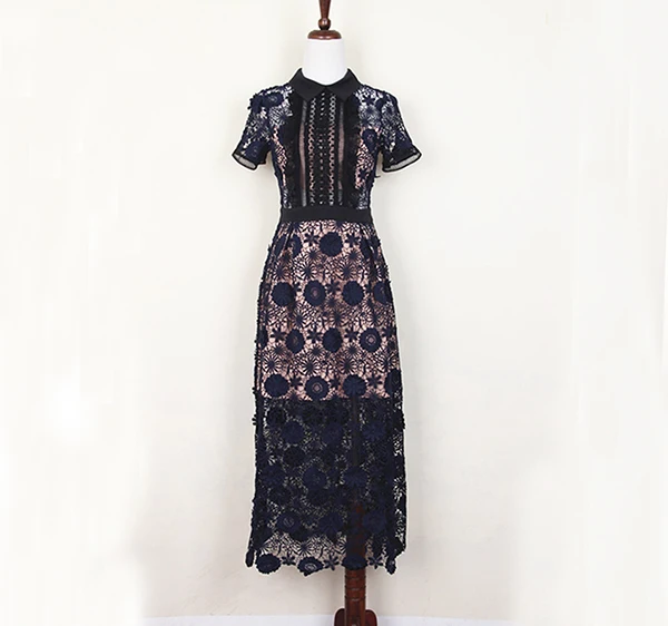 Стильное кружевное платье с вырезами, кружевное платье с вышитым воротником в стиле Питера Пэна, короткое и длинное, 2 варианта - Цвет: Medium long design