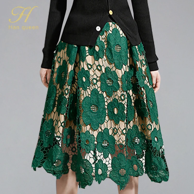 

H Han Queen New Coming European Style Lace A-line Skirts Women 2019 Casual Hollow Out Swing Skirt OL Streetwear Midi Long Skirts