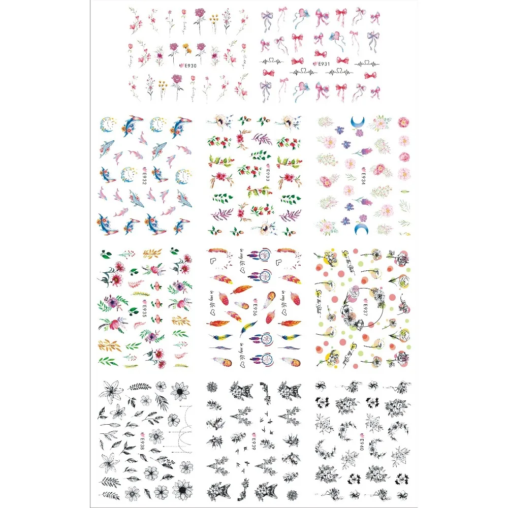 

11 PCS / LOT SELF-ADHESIVE 3D NAIL TATTOOS STICKER FLOWER FISH BOW TIE FEATHER BLACK PENDANT FLAMINGO WHEEL E930-940